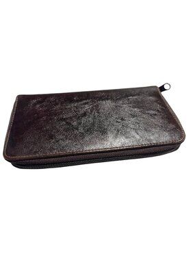 Dark Brown Faux Leather Zip Around Wallet For Women Compact Organizer